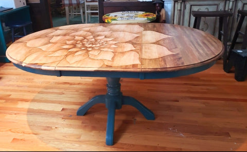 Hand painted and hand stained, up-cycled lotus flower design on solid wood dining table